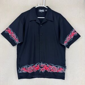 Dragonfly Clothing Company Black Mens Button Up Shirt Tribal Tattoo Print Size L